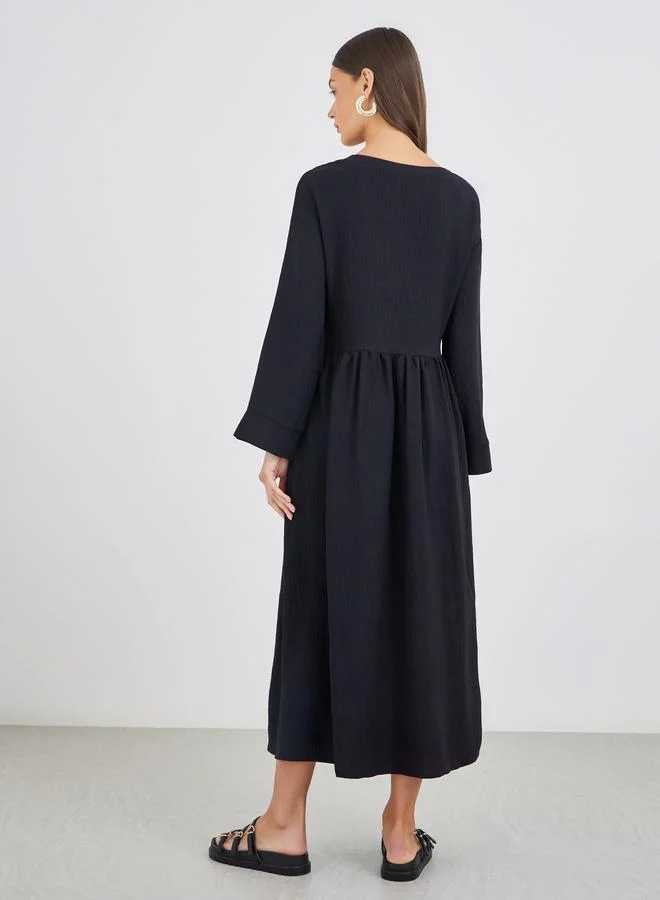 Styli Styli Crinkled Long Sleeve A-Line Midi Dress with Pockets