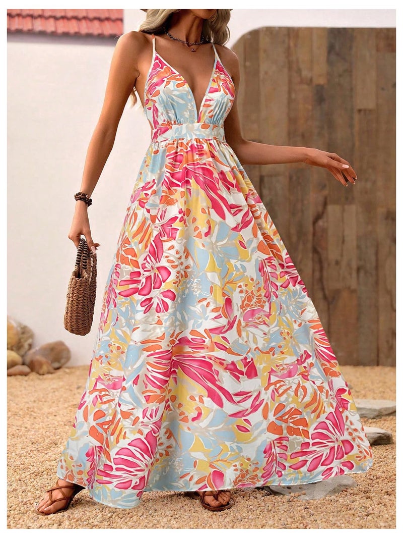 MakeMeChic Women's Flowy Maxi Dress Summer Boho Wedding Guest Backless Sundress Beach Hawaiian Resort Wear Yellow Floral Small - Image 3