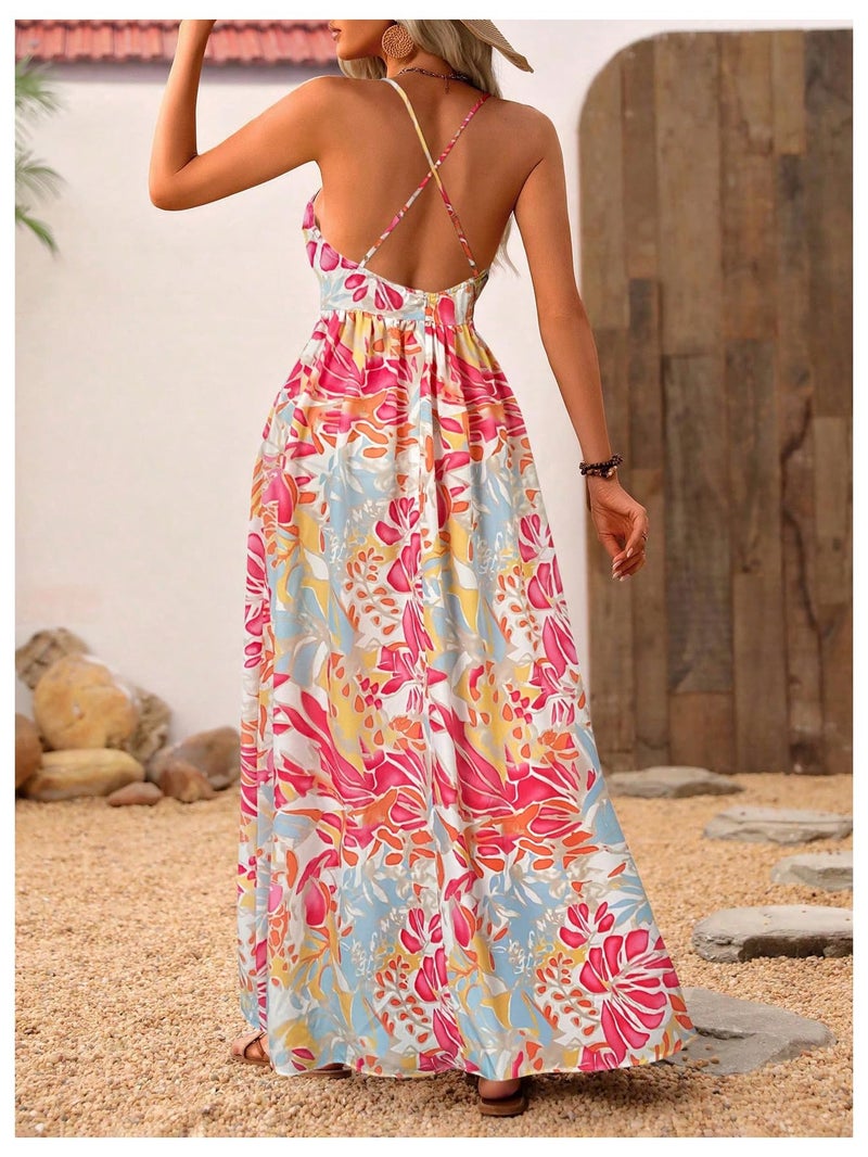 MakeMeChic Women's Flowy Maxi Dress Summer Boho Wedding Guest Backless Sundress Beach Hawaiian Resort Wear Yellow Floral Small - Image 2