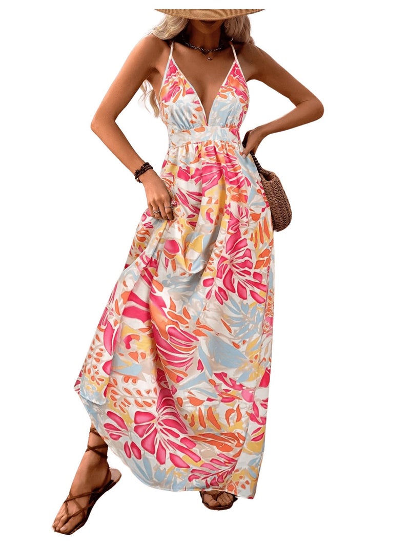 MakeMeChic Women's Flowy Maxi Dress Summer Boho Wedding Guest Backless Sundress Beach Hawaiian Resort Wear Yellow Floral Small - Image 4