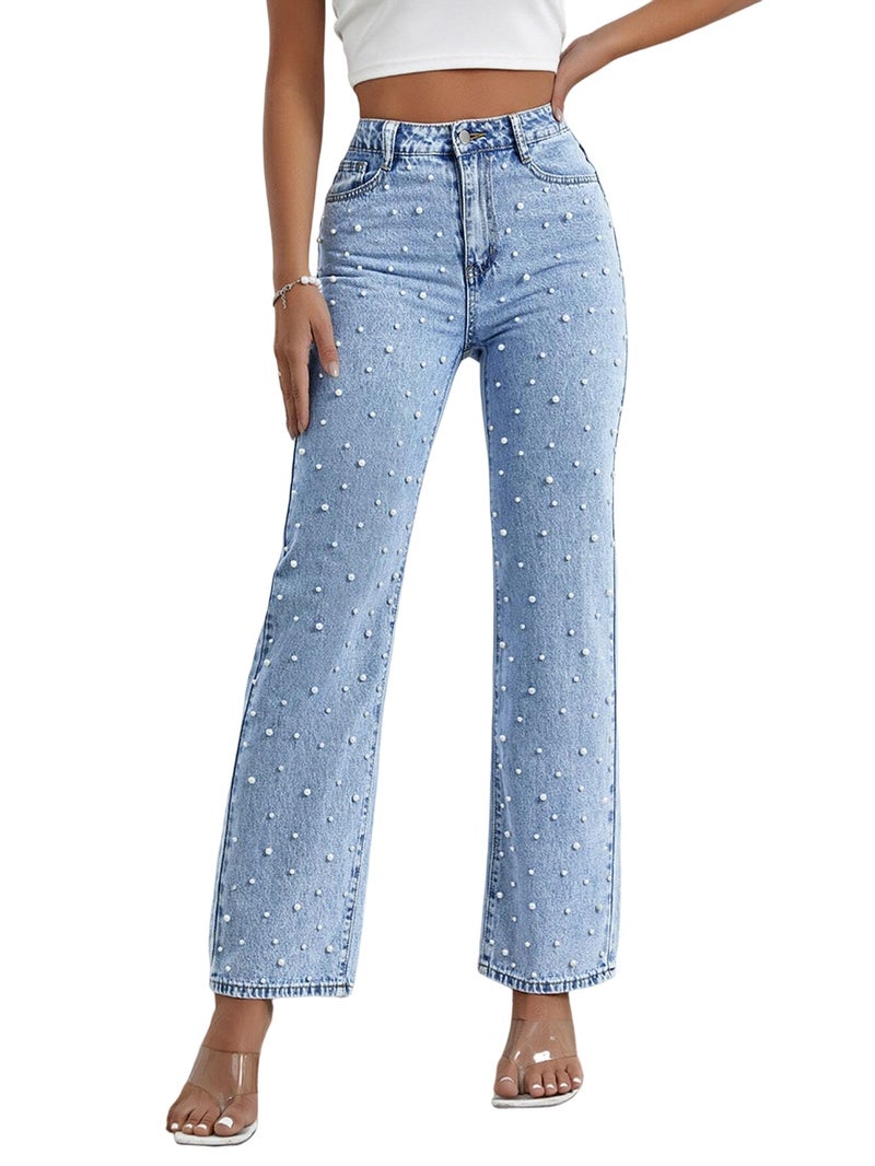 Kedera Women Pearls Beaded Flare Leg Jeans Loose Fit Casual Straight Jeans Long Pants Denim Trousers