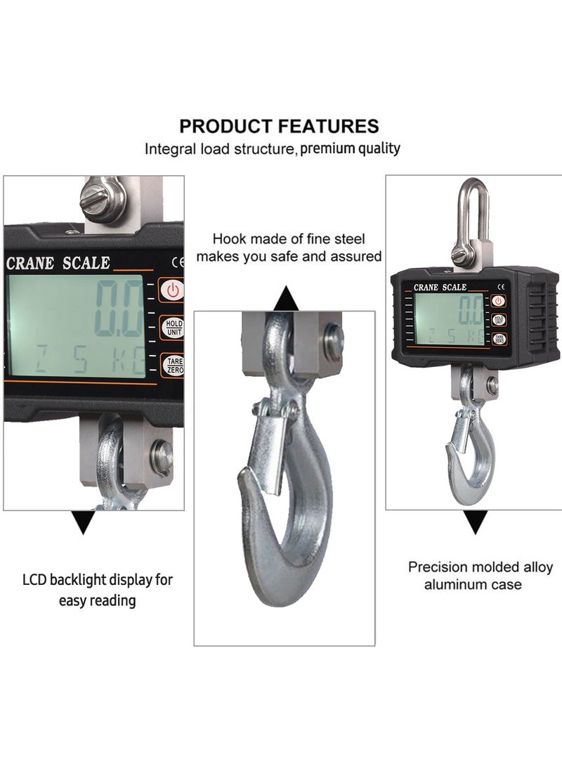مقياس معلق رقمي 1000 كجم/ 2204 رطل، مقياس رافعة عالي التحمل محمول بإضاءة خلفية LCD، موازين خطافية صناعية، تغيير الوحدة/ الاحتفاظ بالبيانات/ الفارغة/ صفر لموقع البناء، سوق السفر، الصيد، العمل في الهواء الطلق - Image 2