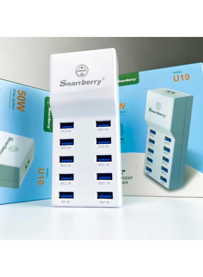 SmartBerry U10 10-Port 50W USB Wall Charging Hub with Smart Auto-Detect Technology - Image 2