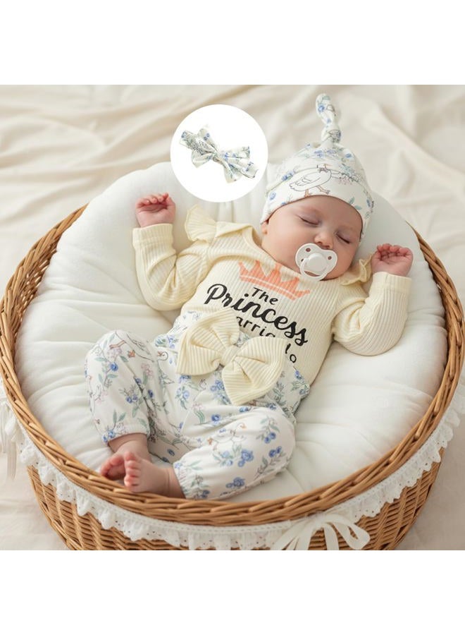 wybzd Hello World Newborn Outfit Baby Girl Going Home Outfit Ruffle Ribbed Romper Top Floral Pants Set Cute Summer Clothes, Princess Has Arrived Beige, Premature - Image 2