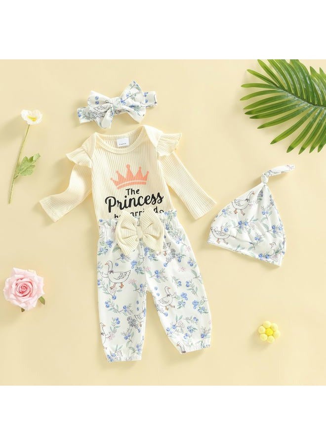 wybzd Hello World Newborn Outfit Baby Girl Going Home Outfit Ruffle Ribbed Romper Top Floral Pants Set Cute Summer Clothes, Princess Has Arrived Beige, Premature - Image 4