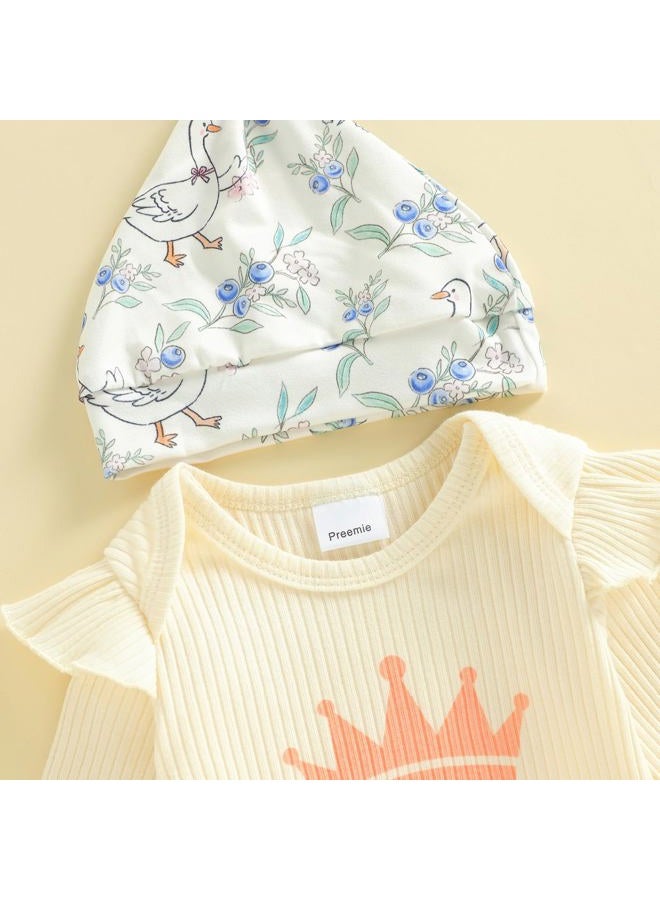 wybzd Hello World Newborn Outfit Baby Girl Going Home Outfit Ruffle Ribbed Romper Top Floral Pants Set Cute Summer Clothes, Princess Has Arrived Beige, Premature - Image 5