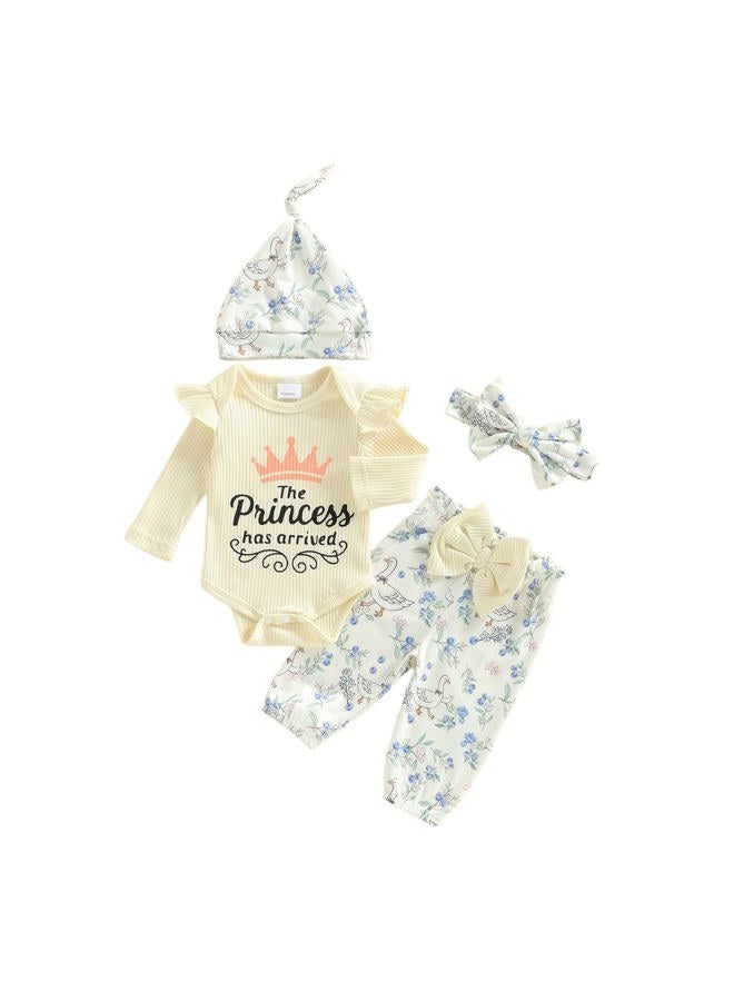 wybzd Hello World Newborn Outfit Baby Girl Going Home Outfit Ruffle Ribbed Romper Top Floral Pants Set Cute Summer Clothes, Princess Has Arrived Beige, Premature - Image 1