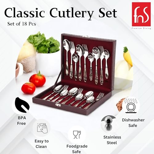FnS Classic Stainless Steel 24 Karat Gold Plated 18 Pcs Cutlery Set with Leatherette Box - Includes 6 Dinner Spoons, 6 Dinner Forks, 6 Tea Spoons, Elegant Gold Finish - Image 5