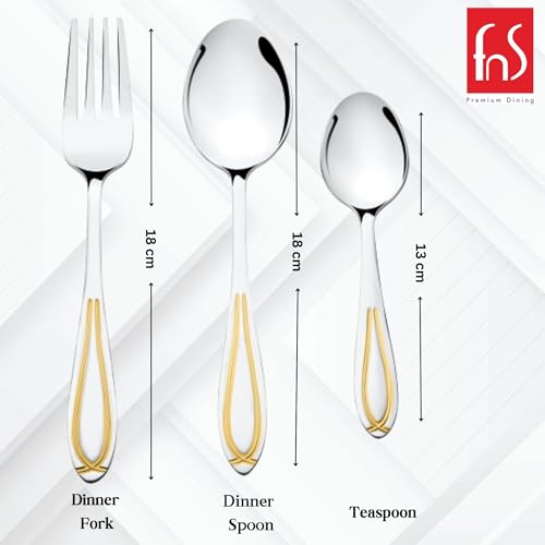 FnS Classic Stainless Steel 24 Karat Gold Plated 18 Pcs Cutlery Set with Leatherette Box - Includes 6 Dinner Spoons, 6 Dinner Forks, 6 Tea Spoons, Elegant Gold Finish - Image 3