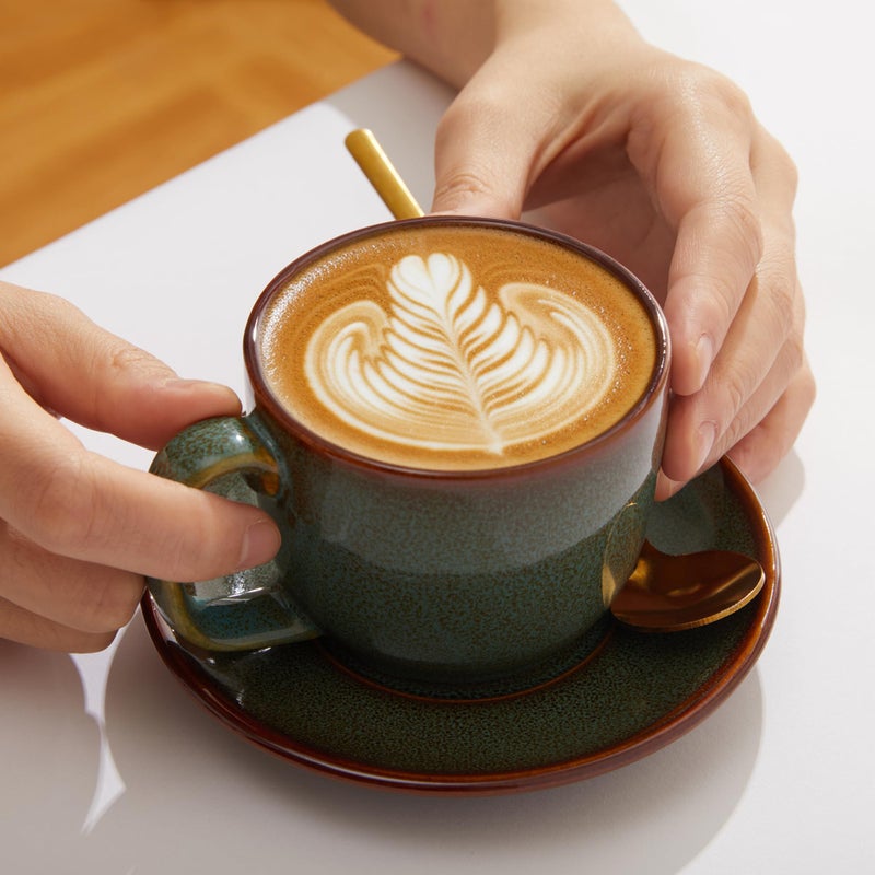 Pokini Stoneware Coffee Cups with Saucers, 6 Oz Cappuccino Cups Set of 4, Microwave & Dishwasher Safe, Perfect For Tea, Espresso, Latte, Ceramic Mugs for Kitchen or Cafe, Brown Green - Image 5