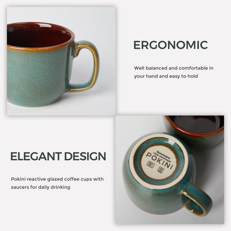 Pokini Stoneware Coffee Cups with Saucers, 6 Oz Cappuccino Cups Set of 4, Microwave & Dishwasher Safe, Perfect For Tea, Espresso, Latte, Ceramic Mugs for Kitchen or Cafe, Brown Green - Image 3