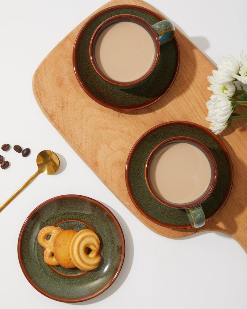 Pokini Stoneware Coffee Cups with Saucers, 6 Oz Cappuccino Cups Set of 4, Microwave & Dishwasher Safe, Perfect For Tea, Espresso, Latte, Ceramic Mugs for Kitchen or Cafe, Brown Green - Image 4