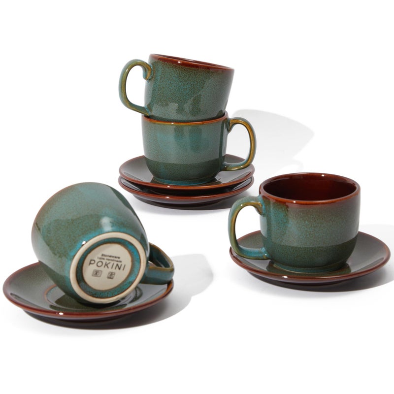 Pokini Stoneware Coffee Cups with Saucers, 6 Oz Cappuccino Cups Set of 4, Microwave & Dishwasher Safe, Perfect For Tea, Espresso, Latte, Ceramic Mugs for Kitchen or Cafe, Brown Green - Image 1