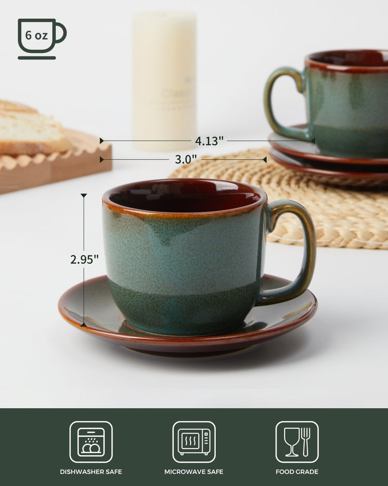 Pokini Stoneware Coffee Cups with Saucers, 6 Oz Cappuccino Cups Set of 4, Microwave & Dishwasher Safe, Perfect For Tea, Espresso, Latte, Ceramic Mugs for Kitchen or Cafe, Brown Green - Image 2