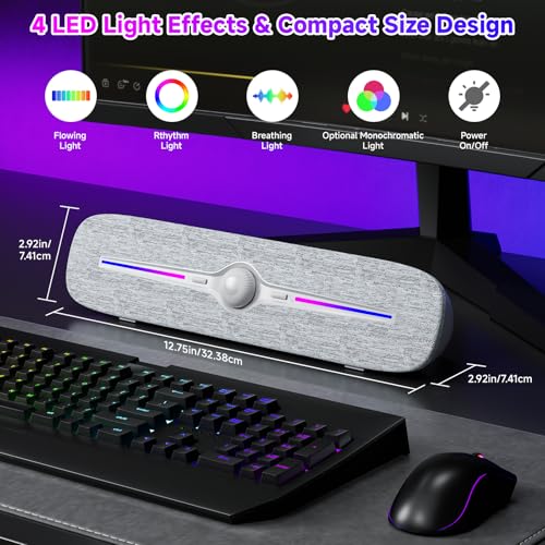 SOULION Computer Speakers for Desktop, USB Powered Bluetooth PC Speaker with Led Light, 3.5mm Aux Soundbar with Rotary Volume Control Button for Laptop Monitor White - Image 4