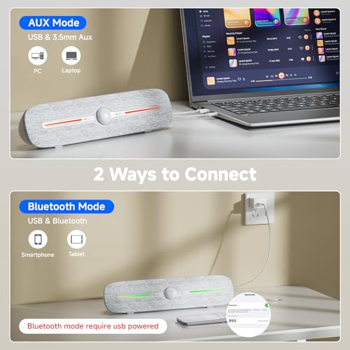 SOULION Computer Speakers for Desktop, USB Powered Bluetooth PC Speaker with Led Light, 3.5mm Aux Soundbar with Rotary Volume Control Button for Laptop Monitor White - Image 5