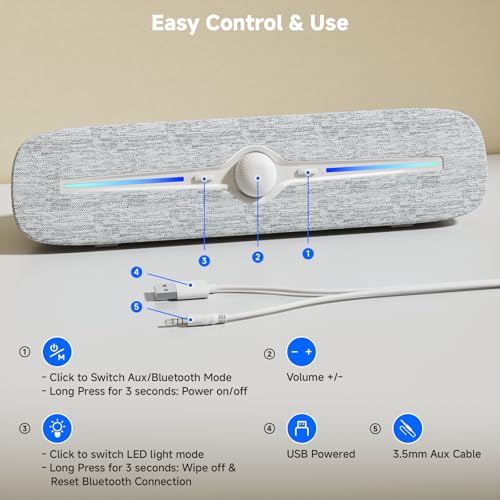 SOULION Computer Speakers for Desktop, USB Powered Bluetooth PC Speaker with Led Light, 3.5mm Aux Soundbar with Rotary Volume Control Button for Laptop Monitor White - Image 3
