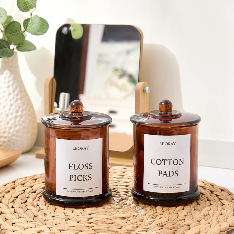 LEORAY 2 Pack Glass Qtip Holder Dispenser with Lids, Airtight Waterproof, 16 Oz Vanity Organizer Bathroom Canisters for Cotton Swabs, Balls, Pads, Floss Picks, Restroom Kitchen Storage Jars, Amber - Image 3