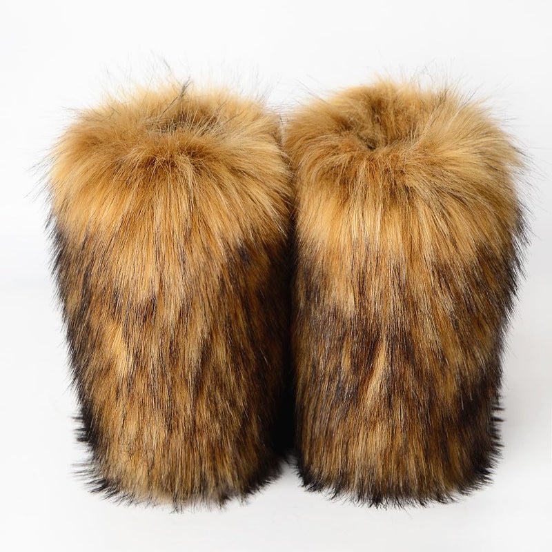 QMFUR Women's Furry Faux Fur Boots Knee High Snow Boots Fuzzy Fluffy Flat boot Winter Warm Fashion Boots (Brown, adult, women, numeric_9, numeric, us_footwear_size_system, medium) - Image 3