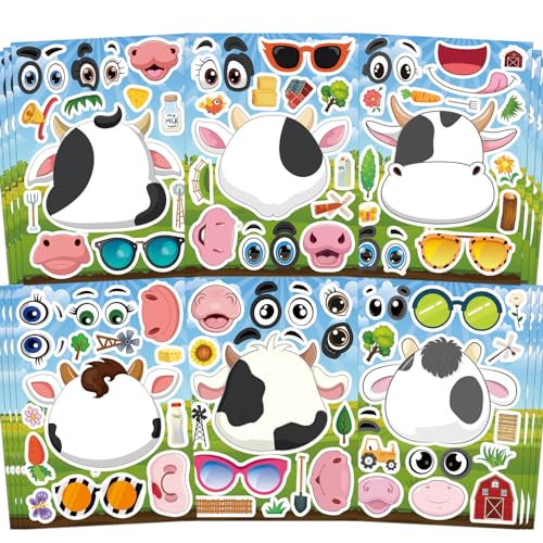 Ozepao Cow Stickers 24 Pcs MakeAFace Mix and Match Sticker Sheets for Kids Cute Cow Party Favors and Crafts - Image 1