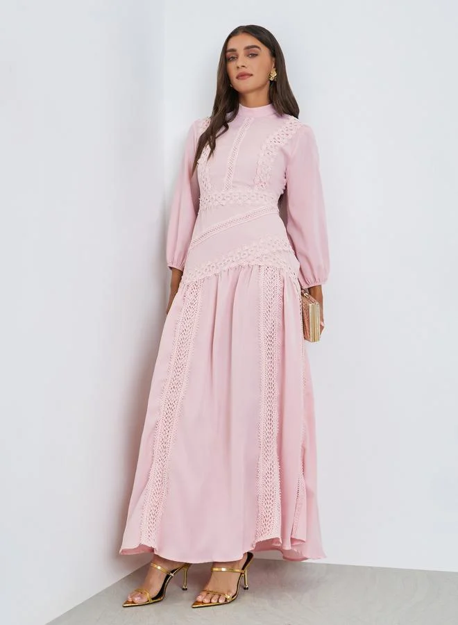 Styli Pink High Neck Maxi Dress with Lace Detail