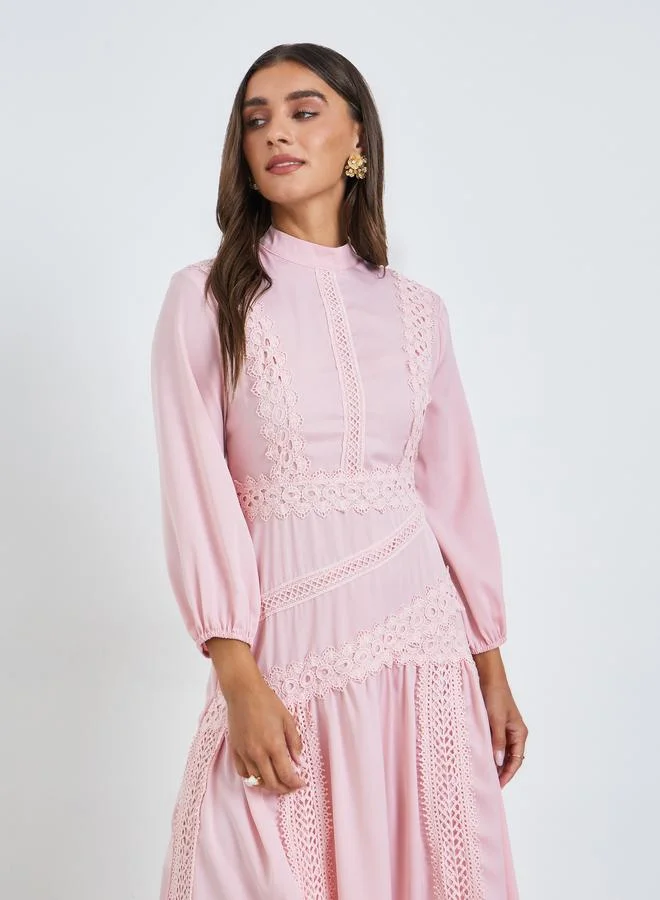 Styli Pink High Neck Maxi Dress with Lace Detail