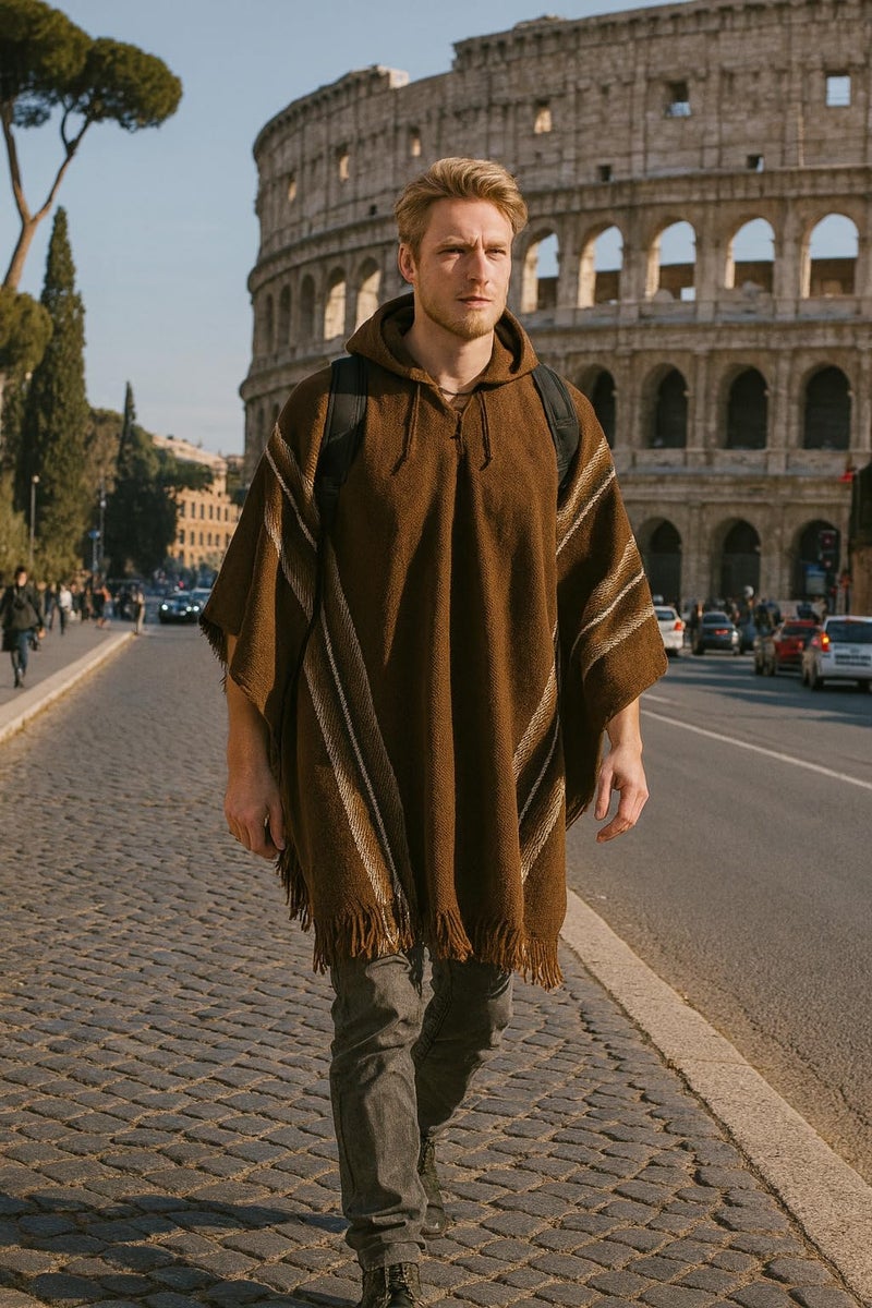 Gamboa Alpaca Poncho - Hooded, Brown, OS - Image 5