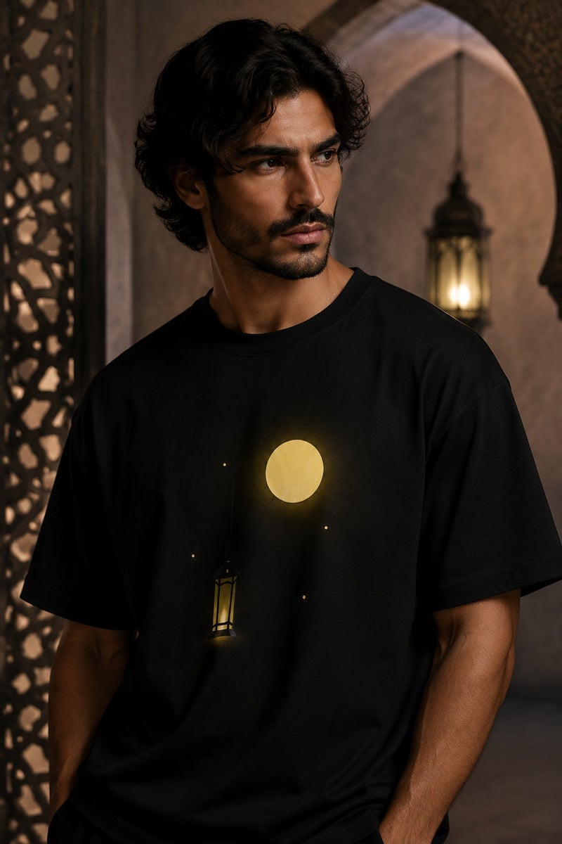 Men's Black Moon Lantern Graphic T-Shirt Casual Short Sleeve Crew Neck Streetwear Tee - Image 1