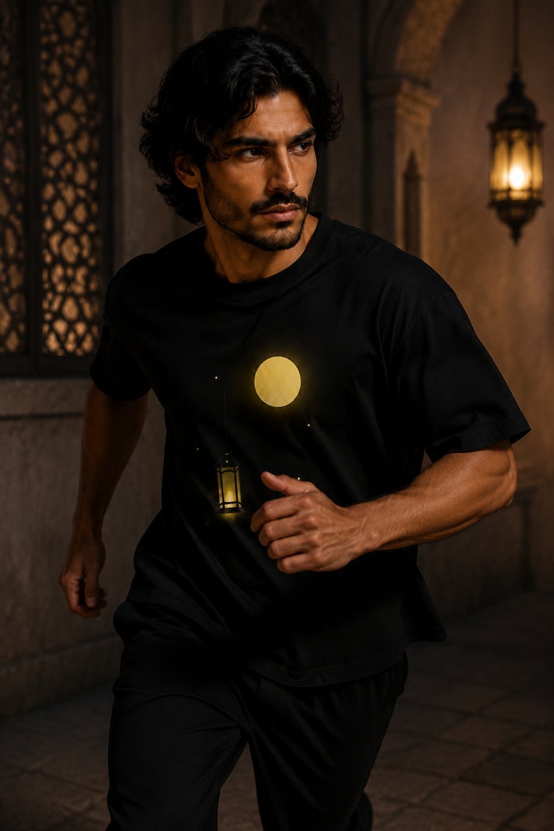 Men's Black Moon Lantern Graphic T-Shirt Casual Short Sleeve Crew Neck Streetwear Tee - Image 3