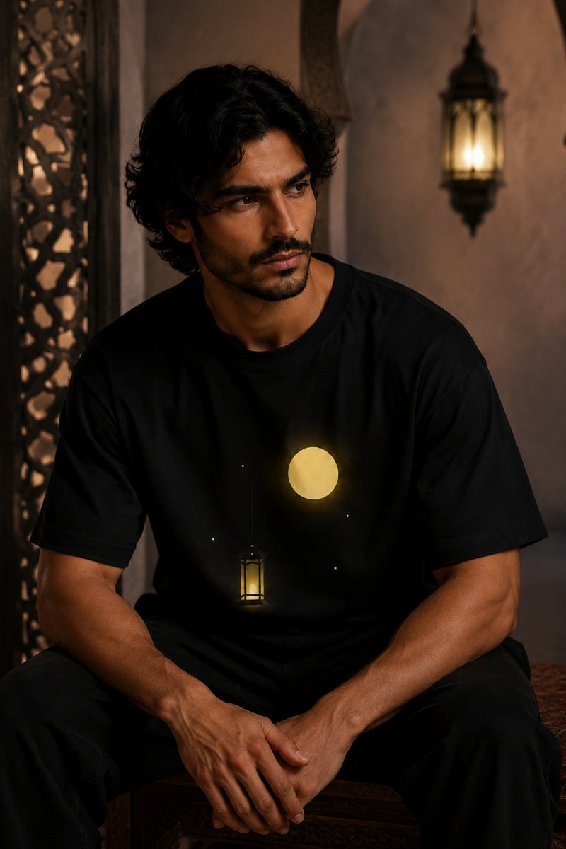 Men's Black Moon Lantern Graphic T-Shirt Casual Short Sleeve Crew Neck Streetwear Tee - Image 4