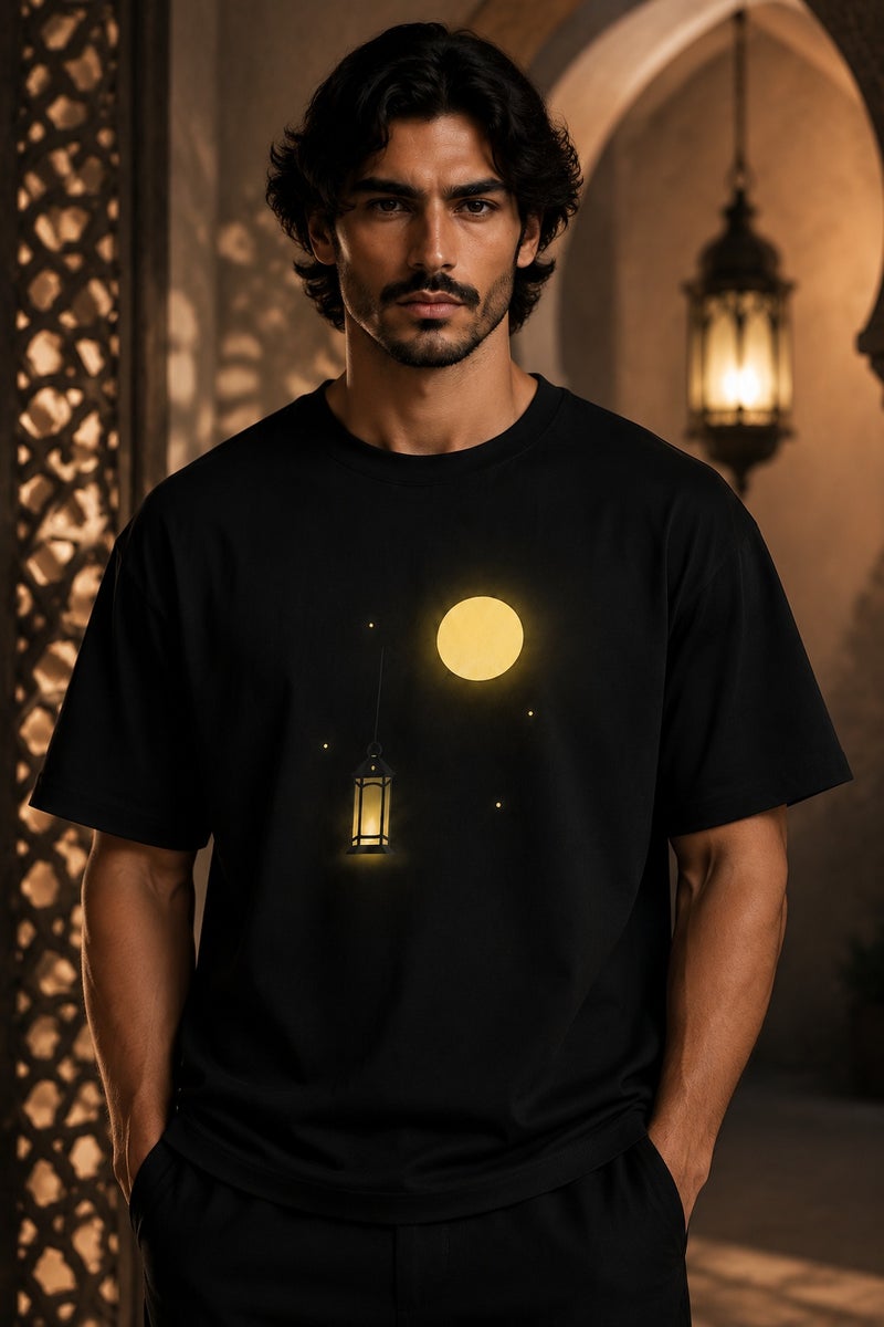 Men's Black Moon Lantern Graphic T-Shirt Casual Short Sleeve Crew Neck Streetwear Tee - Image 2