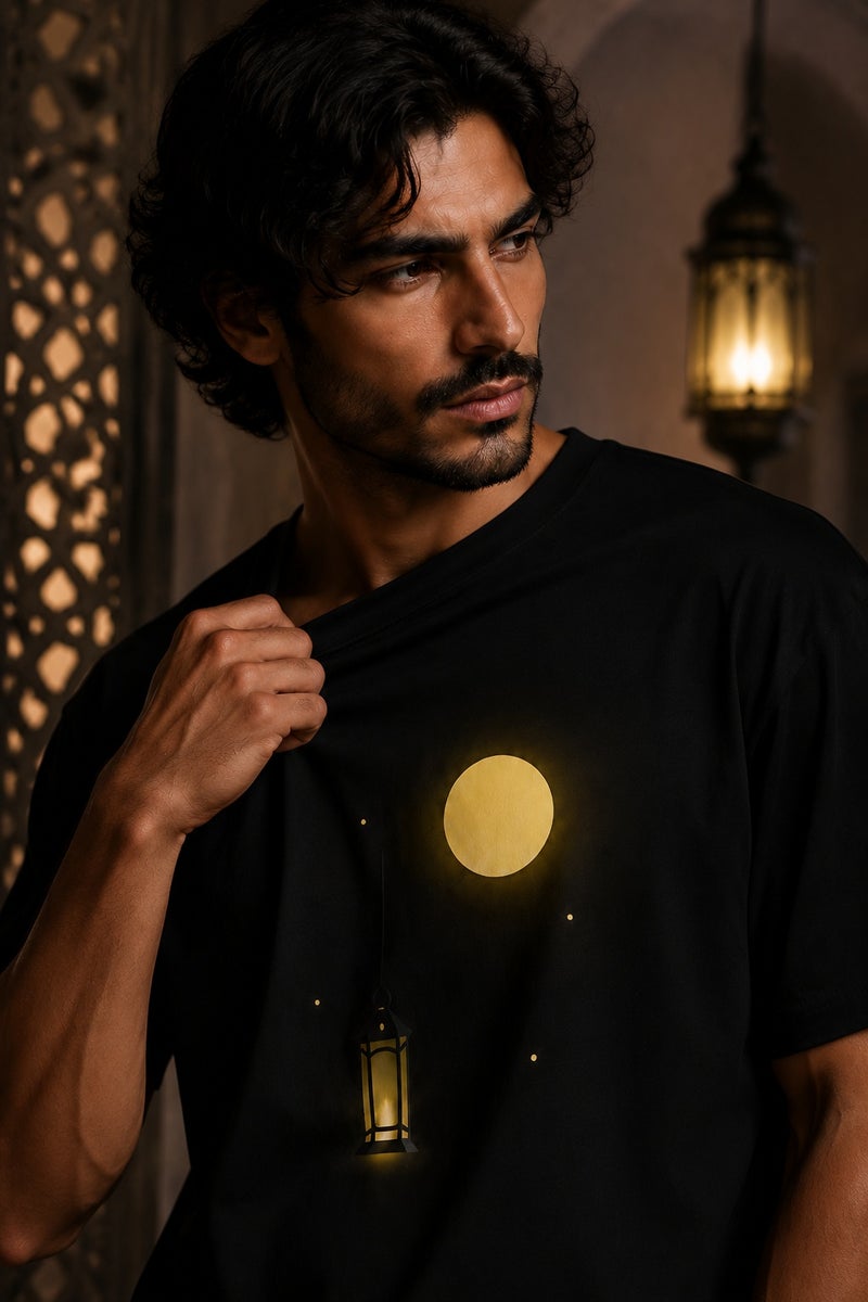Men's Black Moon Lantern Graphic T-Shirt Casual Short Sleeve Crew Neck Streetwear Tee - Image 5