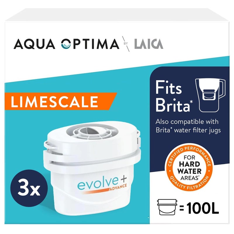 Aqua Optima Evolve Hard Water Limescale Filter Cartridges 3 Pack  Fits Brita Jugs  Alternative for Maxtra Filters  Reduces Limescale Chlorine  Other Impurities  by LAICA Packaging May Vary