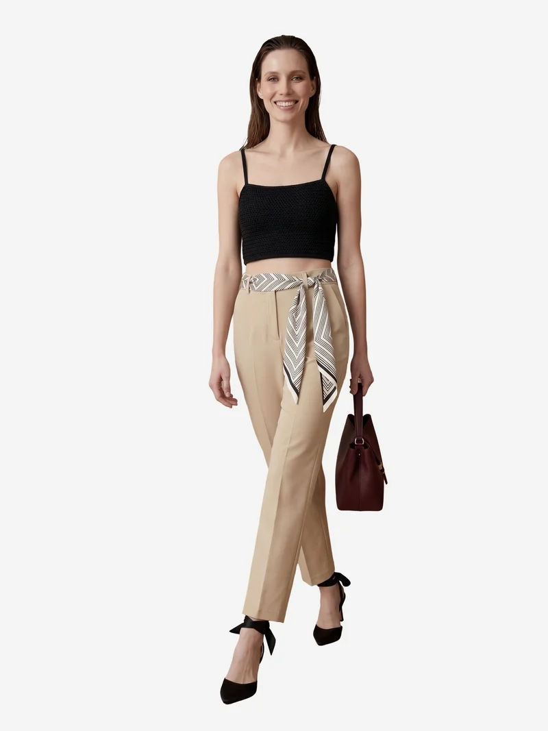 MY FASHION MY FASHION High-Waist Straight-Leg Crepe Trousers with Belt