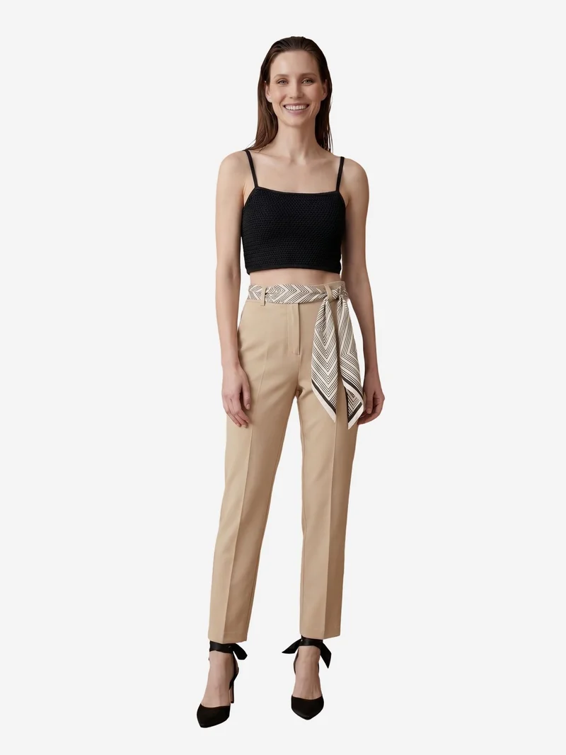 My Fashion Beige Natural MY FASHION High-Waist Straight-Leg Crepe Trousers with Belt for Women | Best Price UAE