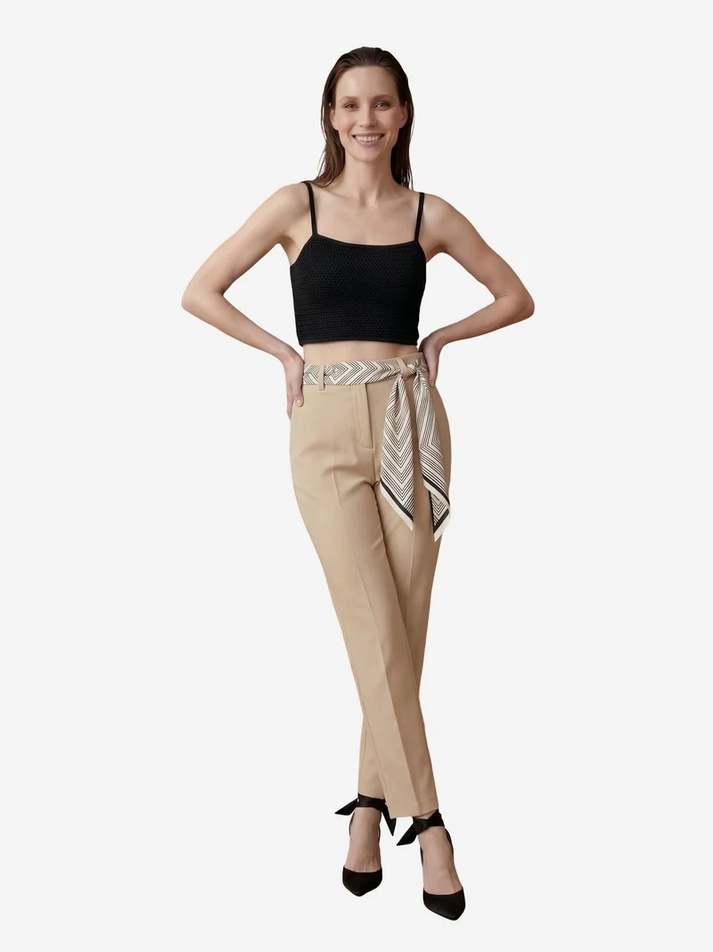 My Fashion Beige Natural MY FASHION High-Waist Straight-Leg Crepe Trousers with Belt for Women | Best Price UAE