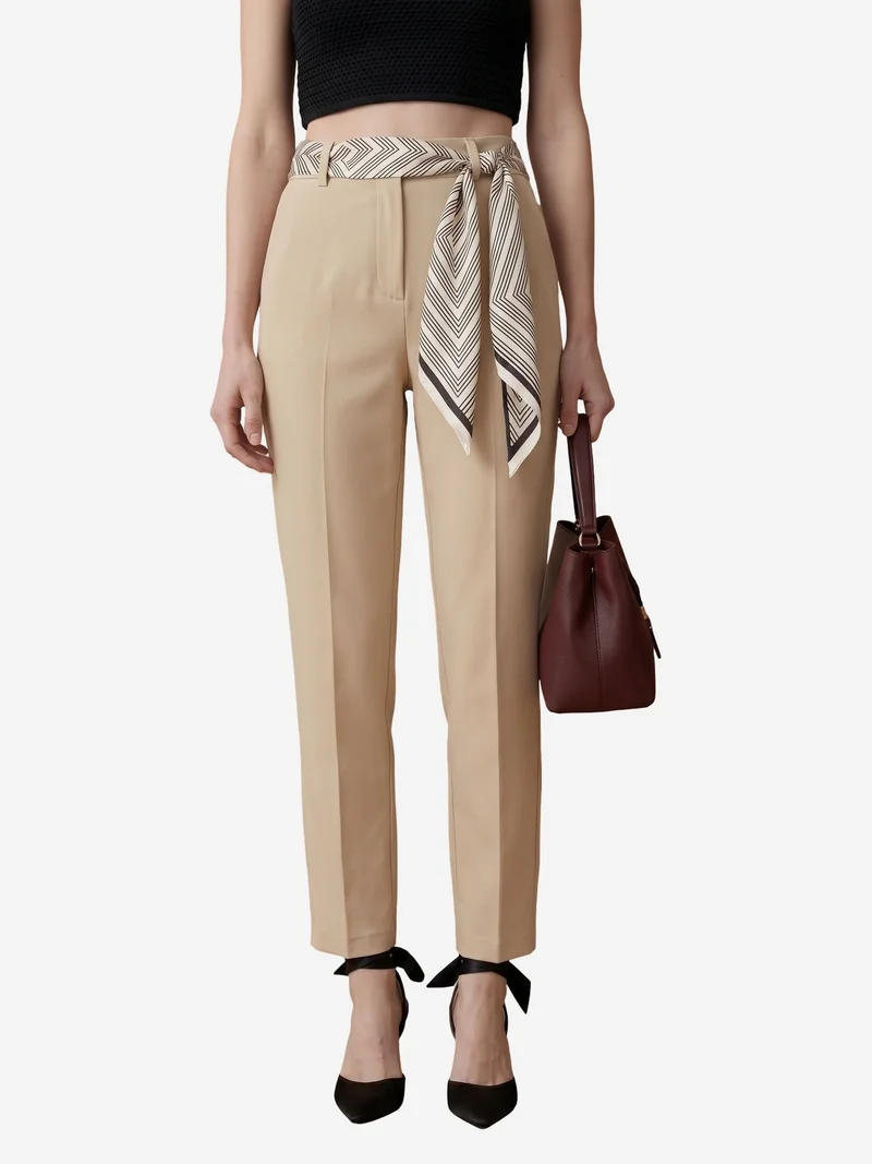 My Fashion Beige Natural MY FASHION High-Waist Straight-Leg Crepe Trousers with Belt for Women | Best Price UAE