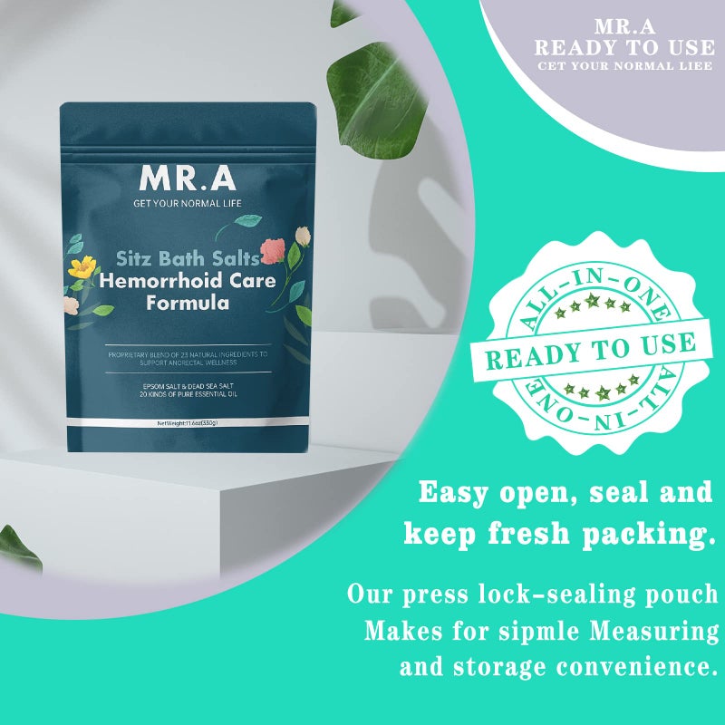 Mr.A حمام Sitz للبواسير، مكون من 23 مكونًا من الدرجة الممتازة، صيغة متقدمة لعلاج البواسير ملح إبسوم ملح البحر الميت زيوت أساسية، أملاح حمام Sitz للبواسير مقعد المرحاض حوض الاستحمام 11.6 أونصة - Image 5