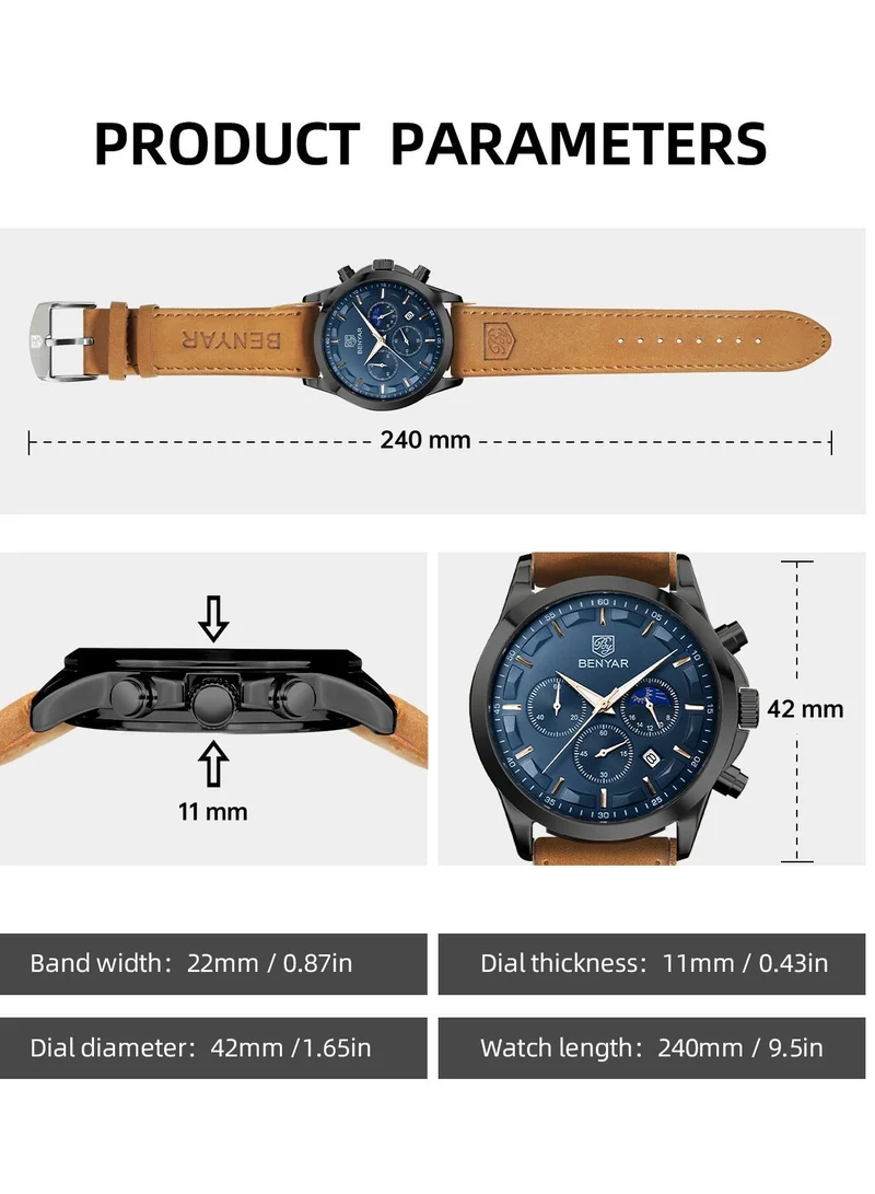 Benyar Buckle A BY BENYAR Mens Watches Analog Quartz Chronograph Waterproof Wrist Watches for Men Business Work Casual Designer Dress Watch with Calendar Elegant Gifts for Men for Men | Best Price UAE