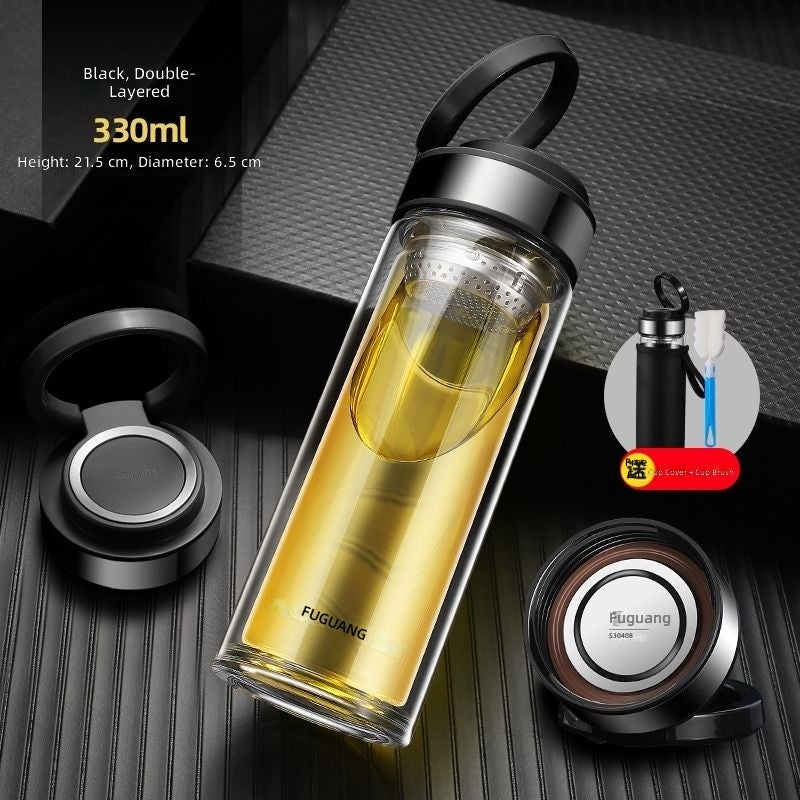 FUGUANG Single & Double Layer Water Bottle - Durable, Large Capacity, Portable Glass Cup with Tea Filter for Office & Outdoor Use - Image 1
