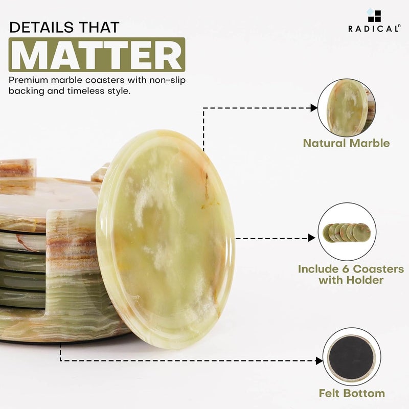 RADICALn Marble Coasters Set of 6 Green Onyx 3.5 Inch Round Coaster for Drinks with Holder, Drink Coaster for Tabletop & Coffee Table Decor, Ideal Home Decor - Image 5