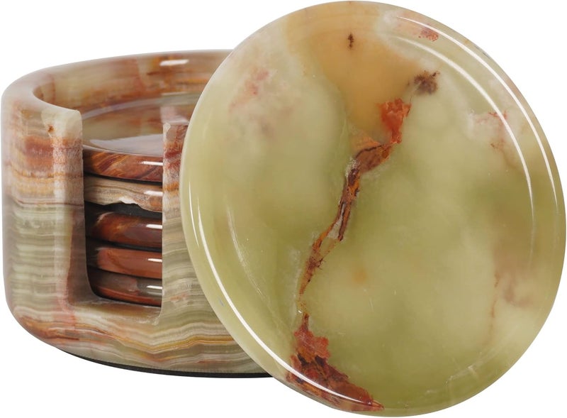 RADICALn Marble Coasters Set of 6 Green Onyx 3.5 Inch Round Coaster for Drinks with Holder, Drink Coaster for Tabletop & Coffee Table Decor, Ideal Home Decor - Image 1