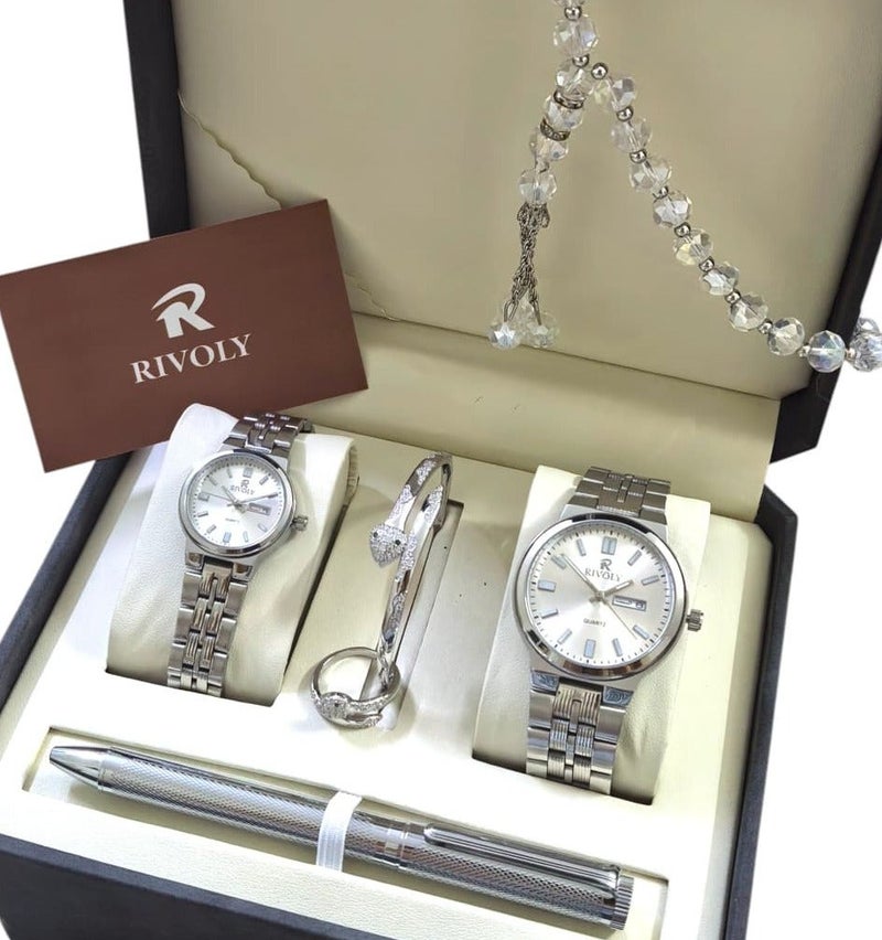 Rivoly A luxurious set consisting of a men's and women's watch made of high-quality stainless steel, along with a bracelet, prayer beads, pen, and ring. - Image 1