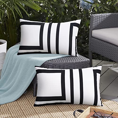 Merrycolor Set of 2 Black White Outdoor Waterproof ThrowPillow Covers 12x20 Inches Decorative Geometric PillowCoves Outdoor Lumbar Pillows for Patio Furniture - Image 1