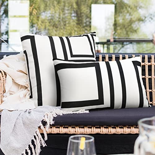 Merrycolor Set of 2 Black White Outdoor Waterproof ThrowPillow Covers 12x20 Inches Decorative Geometric PillowCoves Outdoor Lumbar Pillows for Patio Furniture - Image 2