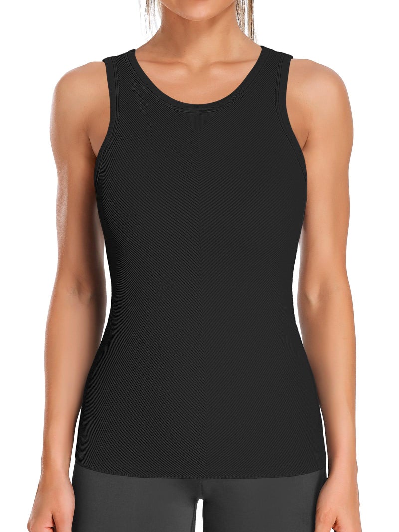 ATTRACO Women Ribbed Workout Tops with Built in Bra Yoga Racerback Tank Top Tight Fit Black Medium - Image 1