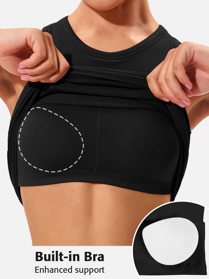 ATTRACO Women Ribbed Workout Tops with Built in Bra Yoga Racerback Tank Top Tight Fit Black Medium - Image 5