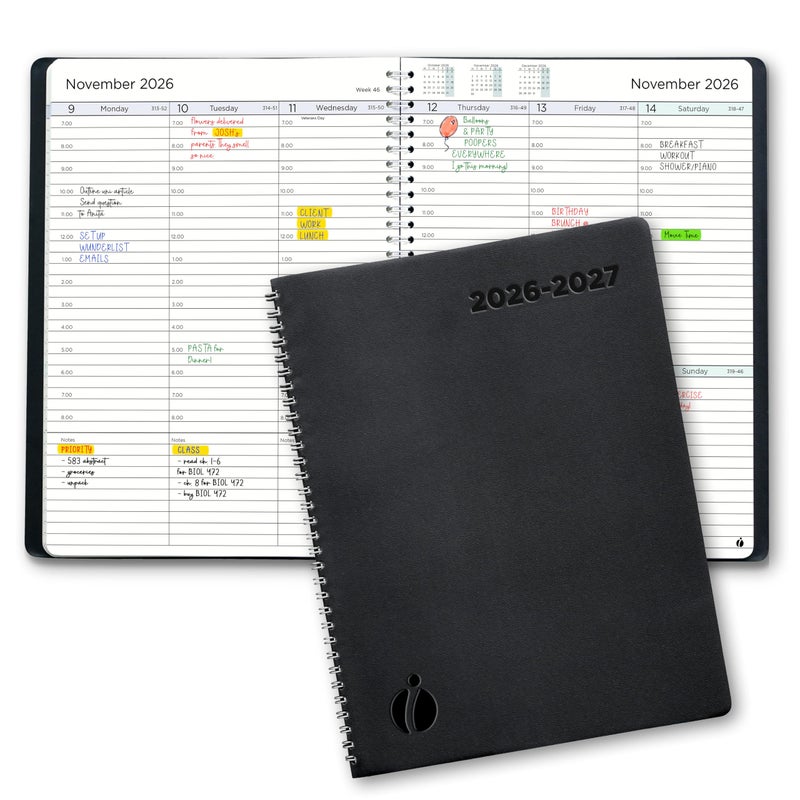 Inamio Academic Planner 2026-2027 - Hourly 2026-2027 Planner Weekly and Monthly - Appointment Book with Flexible Cover, Twin-Wire Binding - Simple Design for Productivity, June 2026 - July 2027. 8.5 x 11 - Image 1