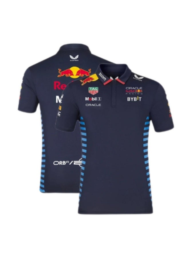Red Bull Racing Official Teamline Navy Blue Polo Shirt with Sponsor Logos-L