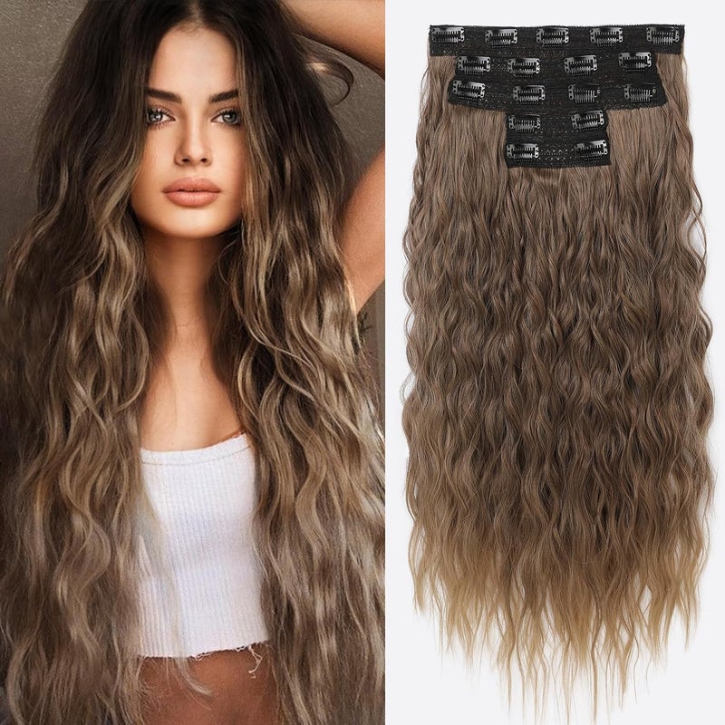 REECHO Clip in Hair Extensions 5PCS Ash Blonde Hair Extensions 24 Thick Long Loose Waves hair extensions HE002 Invisible Lace Weft  Dark Ash Blonde with Golden Ends